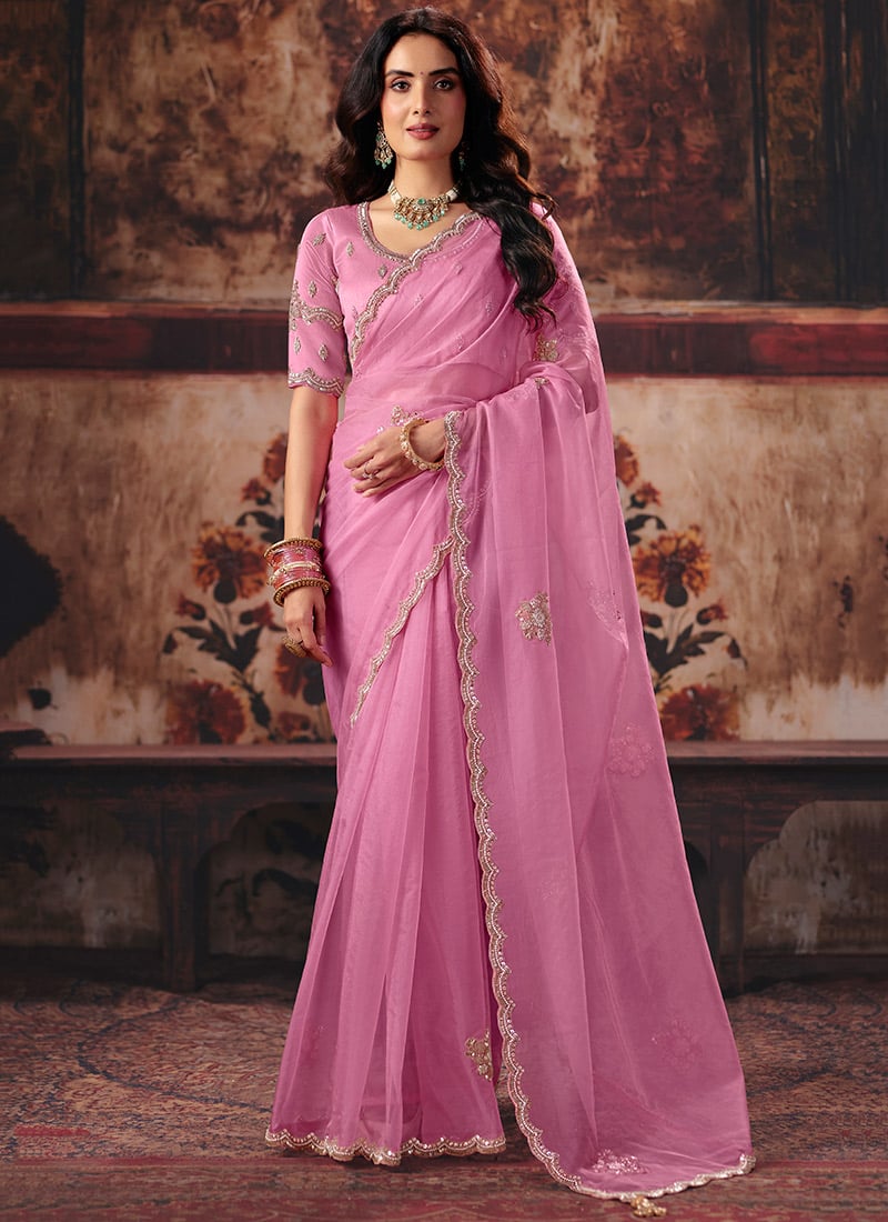 Pink Organza Zari Sequins Beads Embroidered Saree After Six Wear