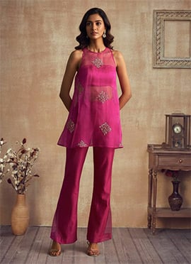Pink Organza Zari Sequins Cutdana Hand Embroidered Indowestern Set