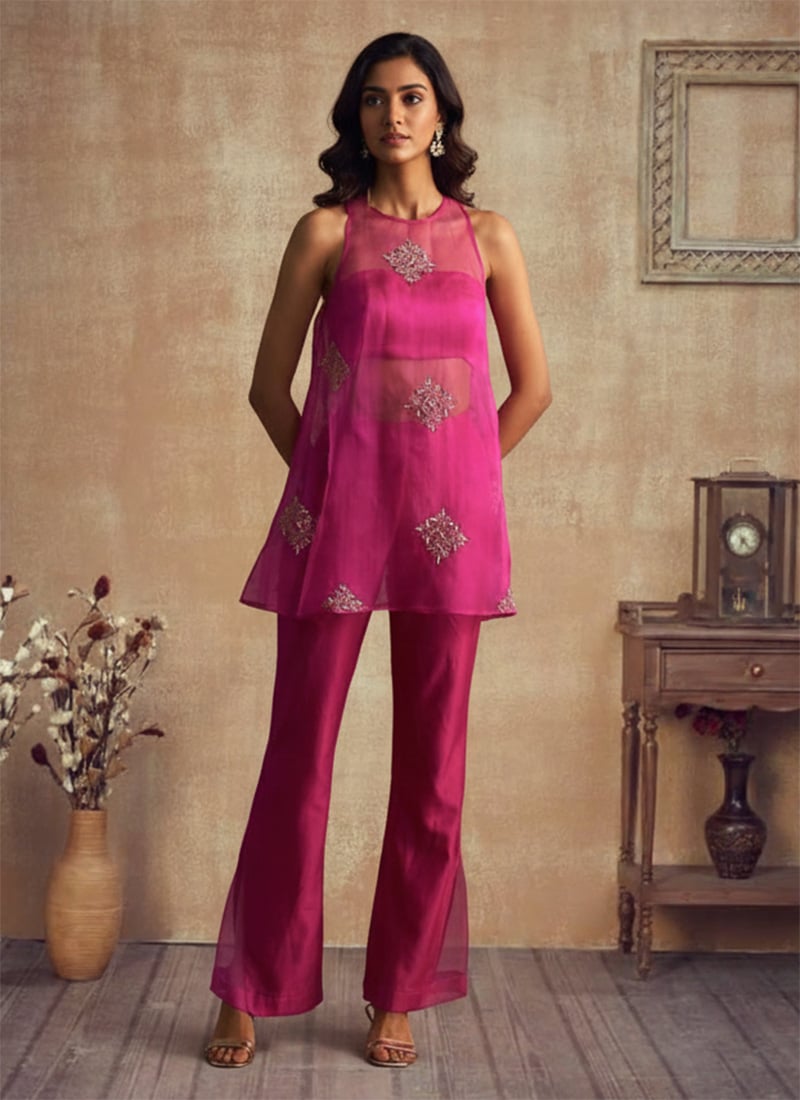 Pink Organza Zari Sequins Cutdana Hand Embroidered Indowestern Set After Six Wear