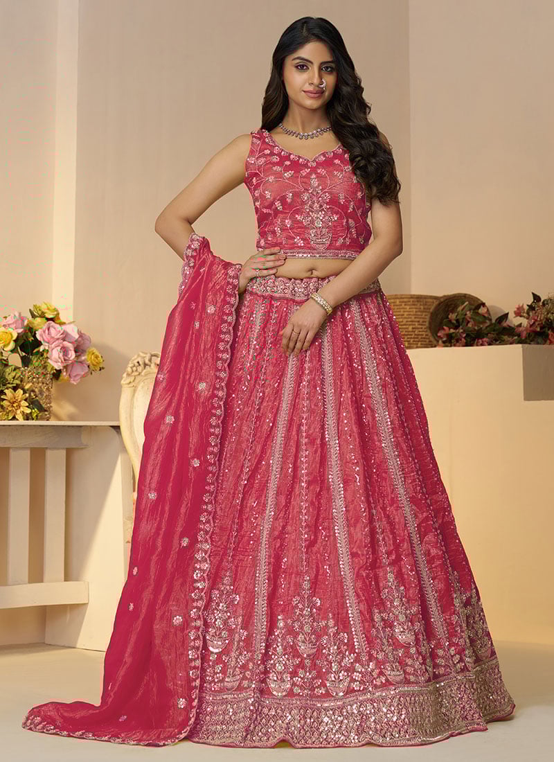 Pink Organza Zari Sequins Embroidered Beads Lehenga Wedding Wear