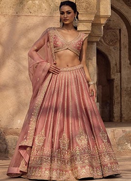 Pink Organza Zari Sequins Embroidered Umbrella Lehenga