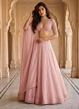 Pink Organza Zari Sequins Hand Embroidered Lehenga