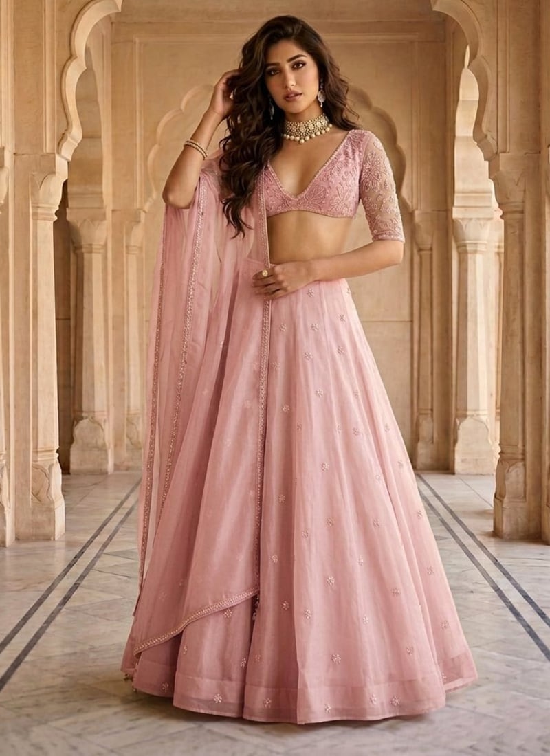 Pink Organza Zari Sequins Hand Embroidered Lehenga Wedding Wear