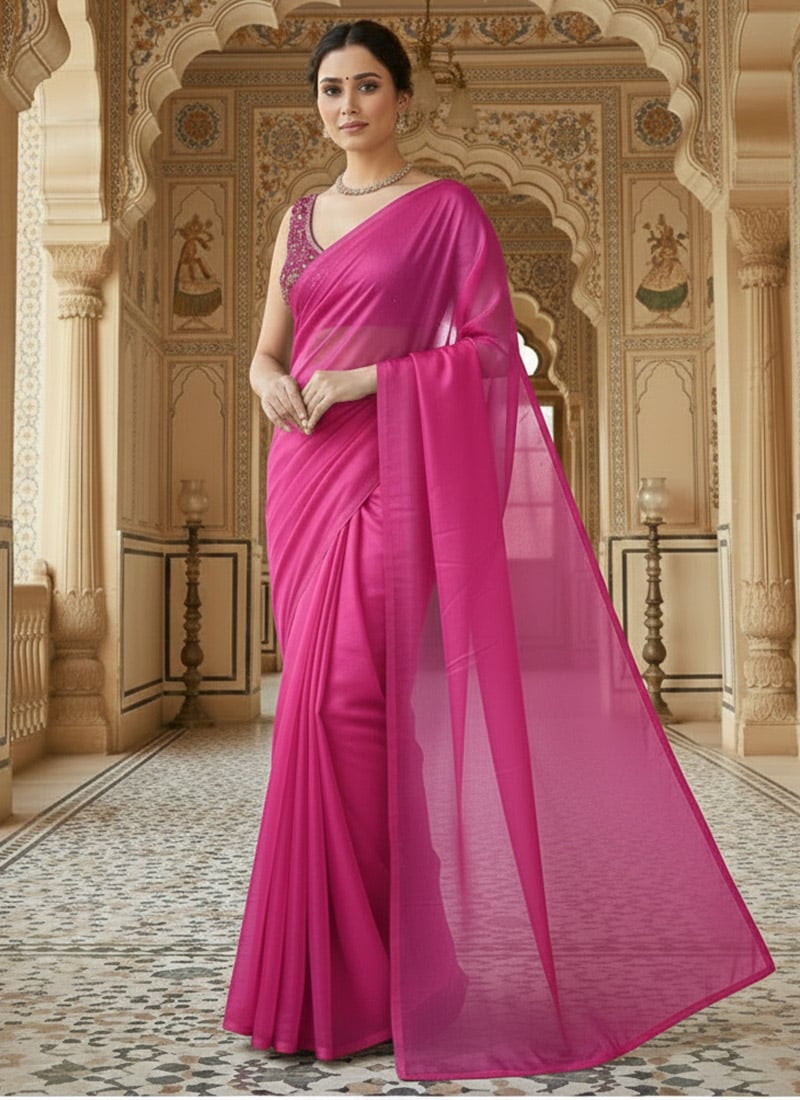 Pink Organza Zari Sequins Saree Festive Wear