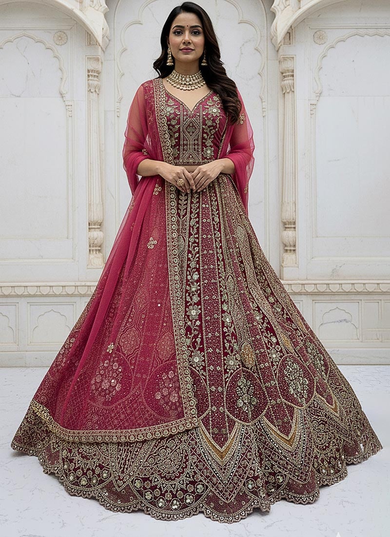 Pink Organza Zari Sequins Stones Embroidered Thread Dori Umbrella Lehenga Wedding Wear