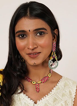 Pink Oxidised Kundan And Moti Necklace