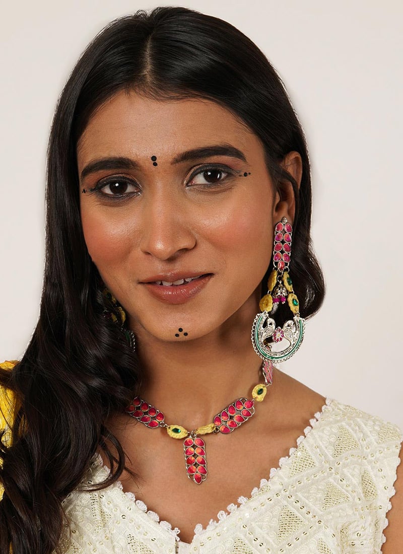Pink Oxidised Kundan And Moti Necklace