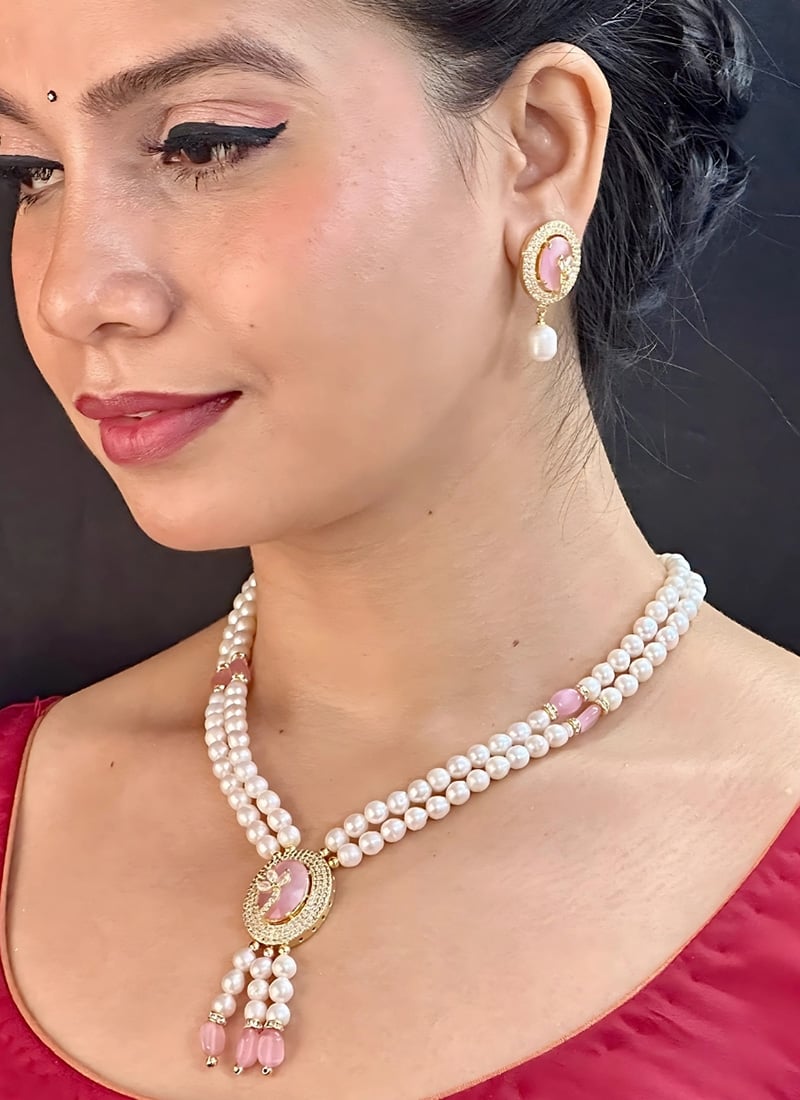 Pink Pearl Kundan Necklace Set Wedding Wear