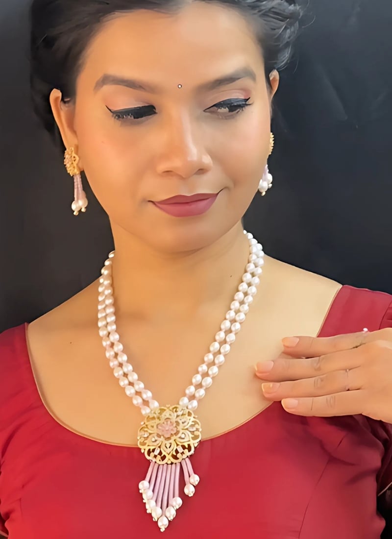 Pink Pearl Kundan Stones Necklace Set