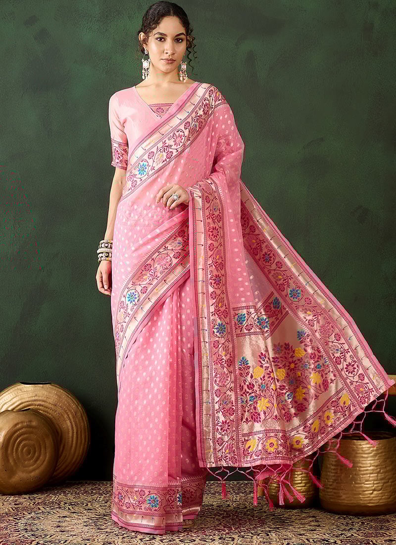 Pink Poly Cotton Woven Zari Saree Festive Wear