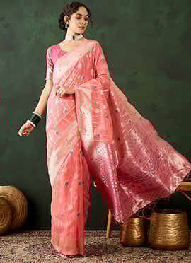 Pink Poly Cotton Zari Woven Saree