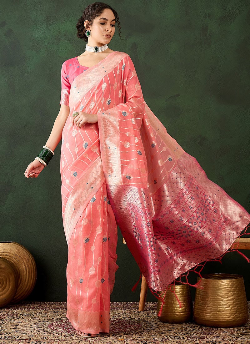 Pink Poly Cotton Zari Woven Saree Festive Wear