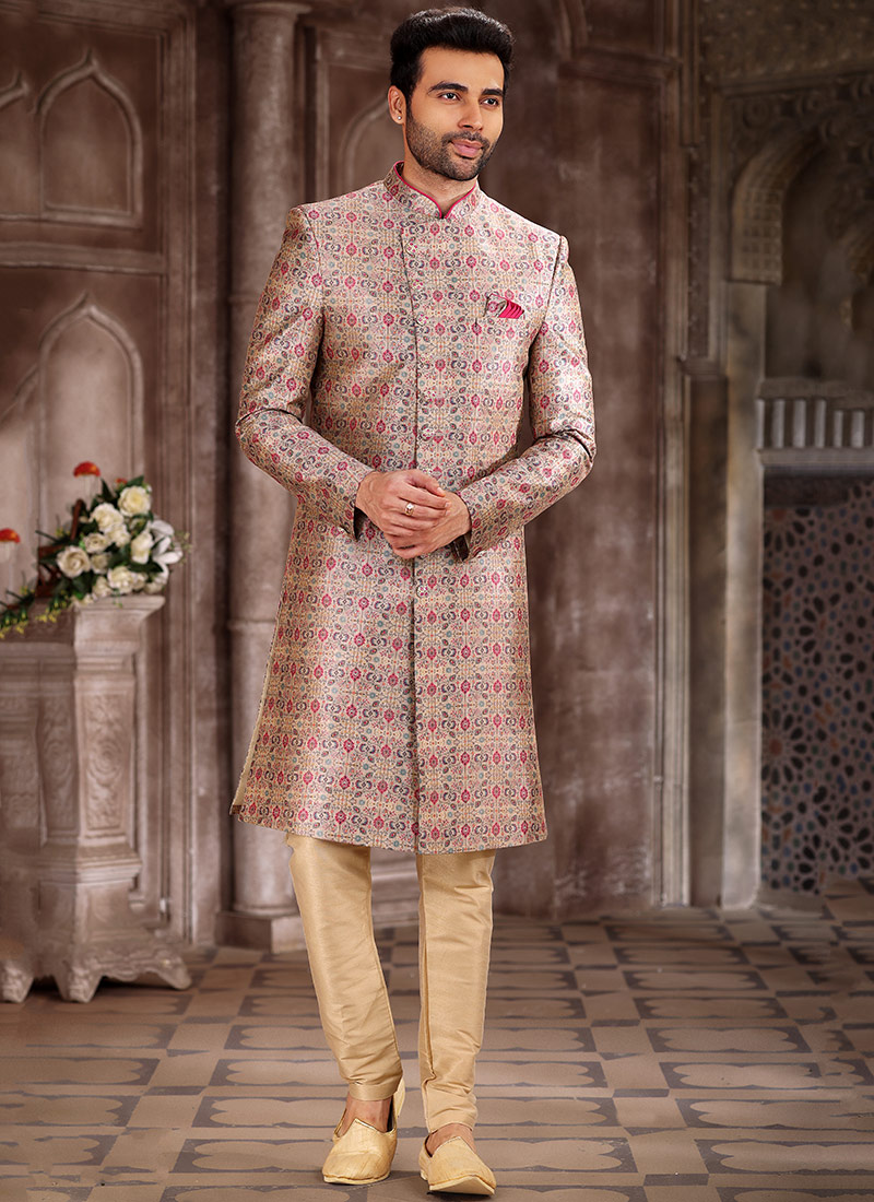 Pink Printed Art Silk Sherwani