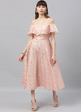 Pink Printed Calf Length Shoulderless Dress