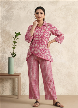 Pink Printed Cotton Co Ord Pant Set