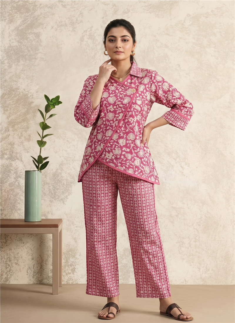 Pink Printed Cotton Co Ord Pant Set After Six Wear