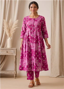 Pink Printed Cotton Kurta Set