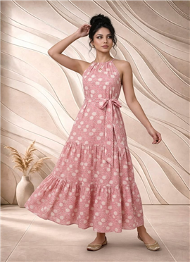 Pink Printed Cotton Maxi Dress