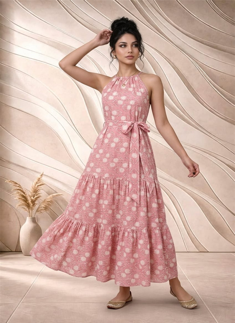 Pink Printed Cotton Maxi Dress After Six Wear