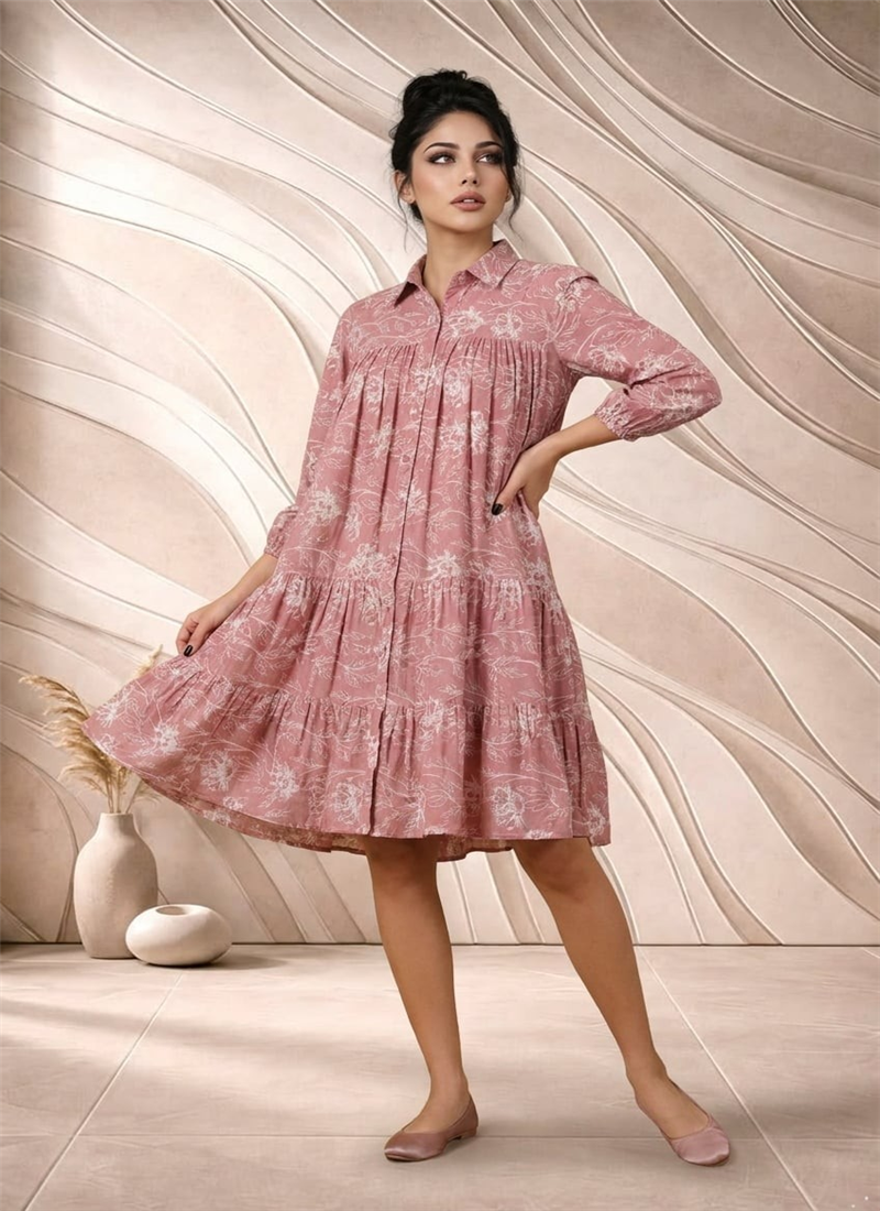 Pink Printed Cotton Shirt Dress After Six Wear