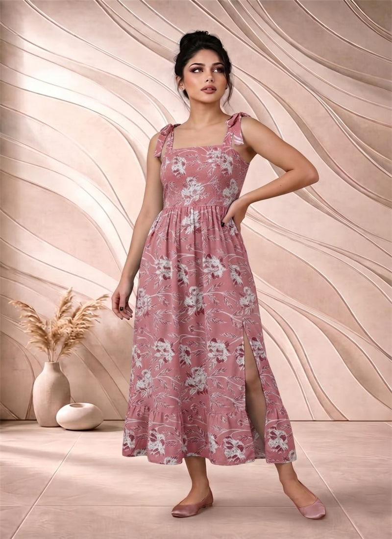 Pink Printed Cotton Tie Strap Dress After Six Wear