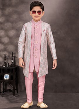 Pink Pure Silk Sequins Kids Boys Indowestern Sherwani