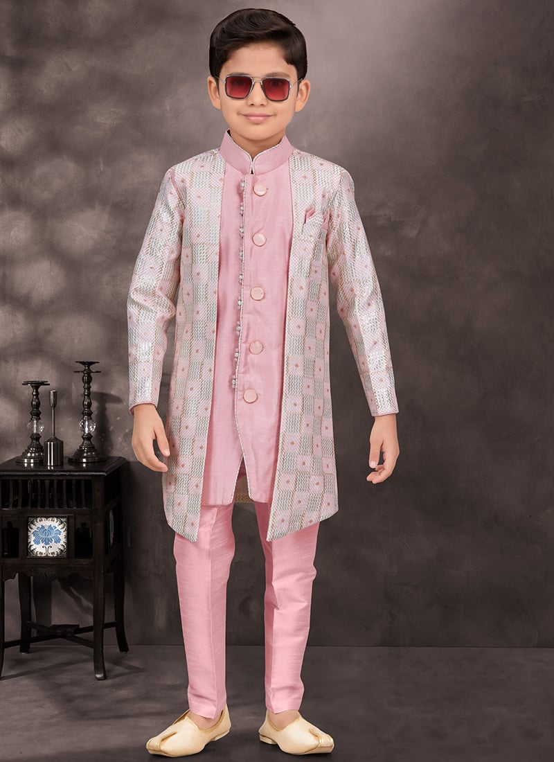 Pink Pure Silk Sequins Kids Boys Indowestern Sherwani  Wedding Wear