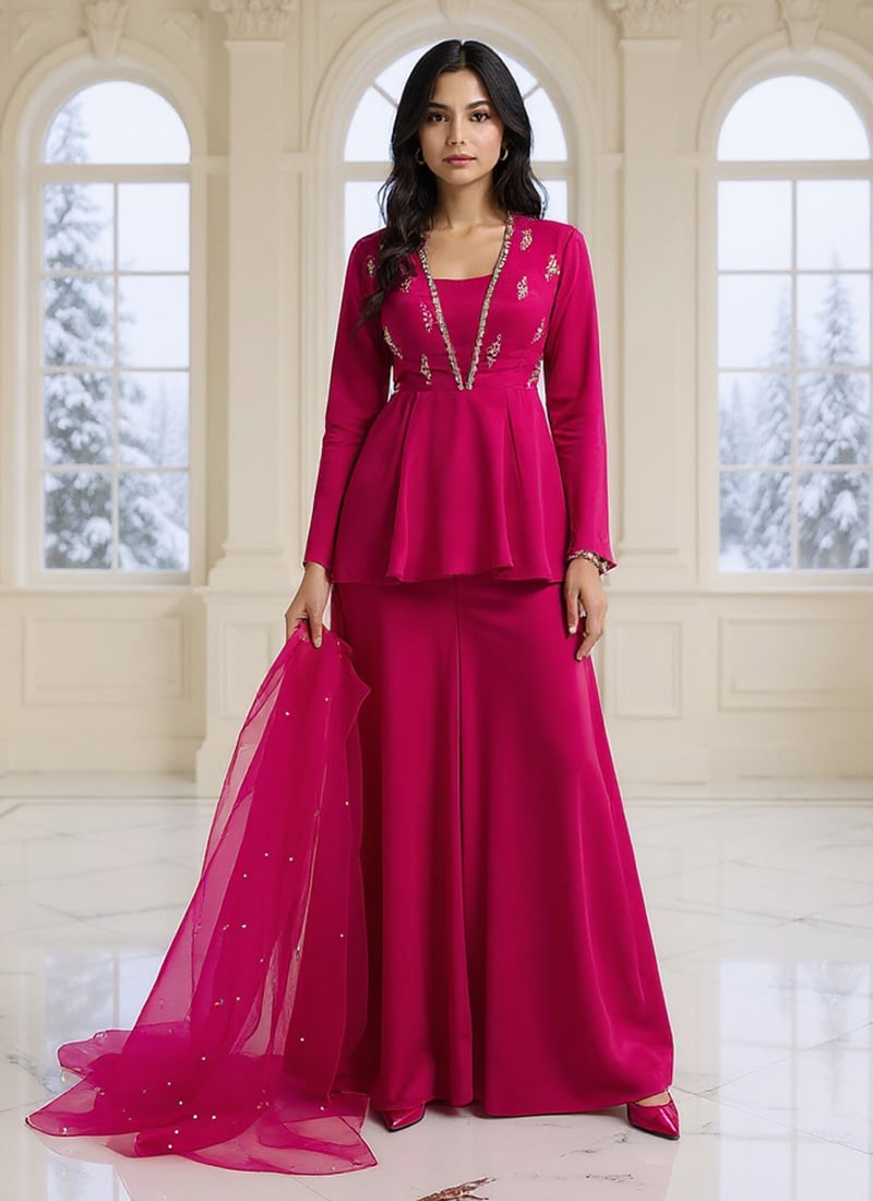 Pink Pure Silk Stones Sequins Hand Embroidered Palazzo Suit Festive Wear