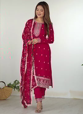 Pink Rangoli Silk Straight Pant Suit With Zari Embroidery Sequins