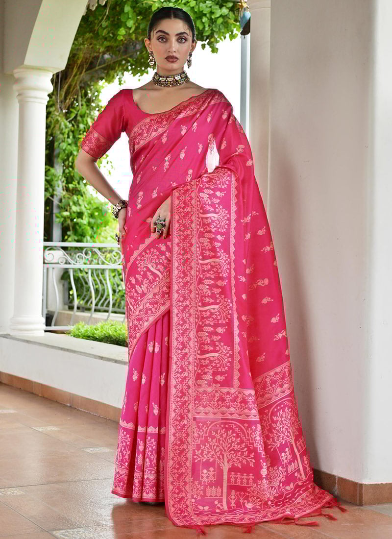Pink Raw Silk Handloom Woven Saree Festive Wear
