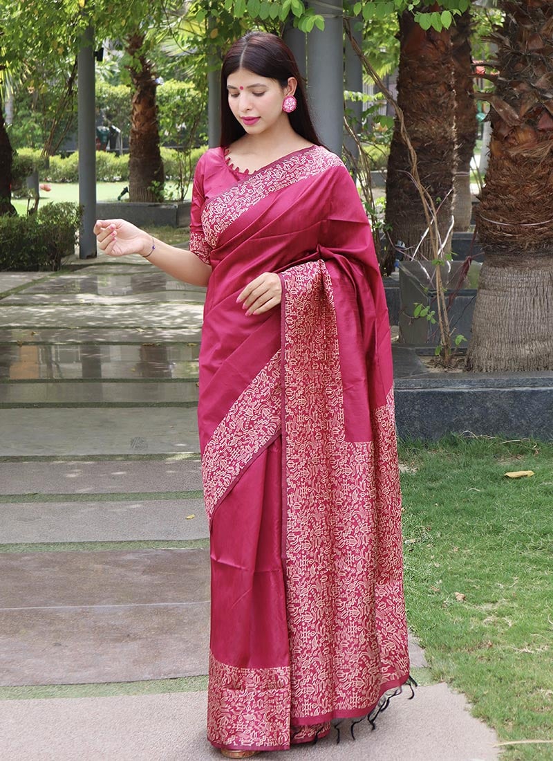 Pink Raw Silk Printed Saree Festive Wear