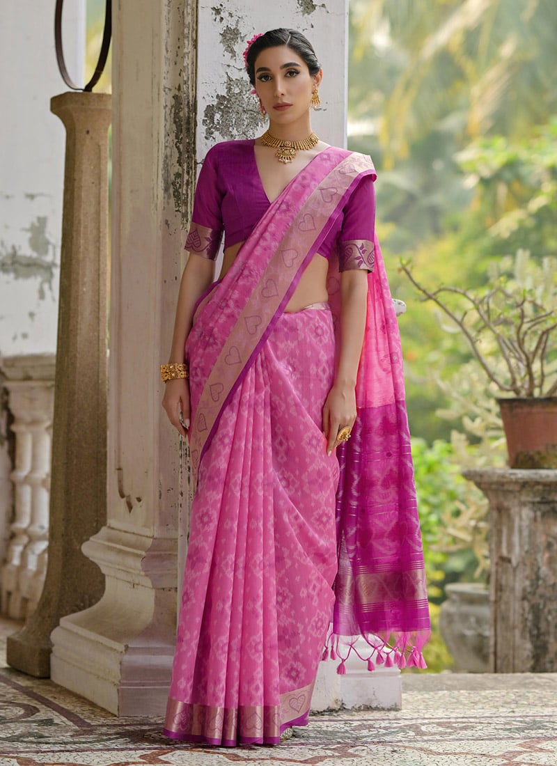 Pink Raw Silk Zari Resham Woven Ikat Print Saree Festive Wear