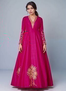 Pink Raw Silk Zari Sequins Hand Embroidered A Line Anarkali Suit