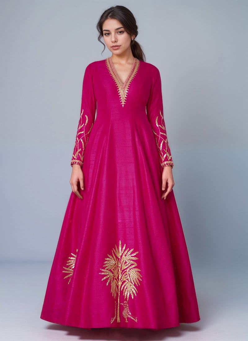 Pink Raw Silk Zari Sequins Hand Embroidered A Line Anarkali Suit