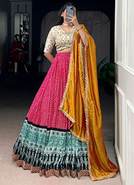 Pink Rayon Bandhej And Ajrakh Printed With Sequins Embroidered Lehenga