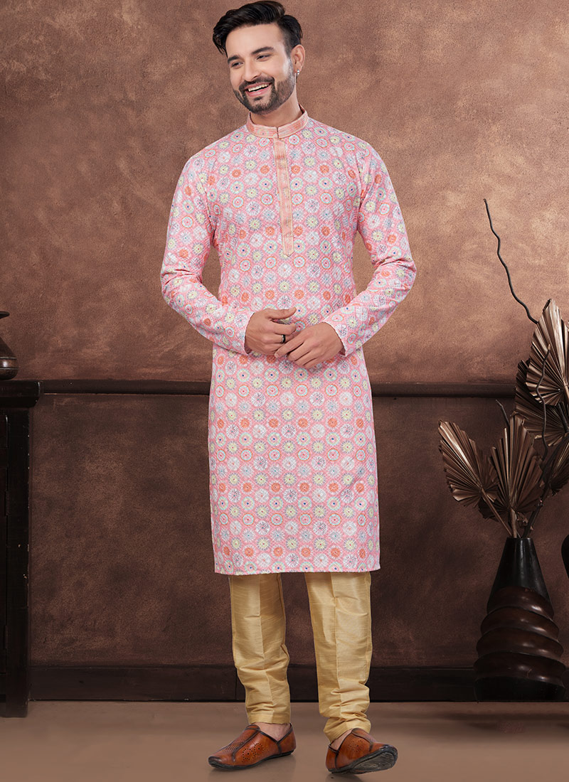 Pink Rayon Chikankari Kurta Pyjama Festive Wear