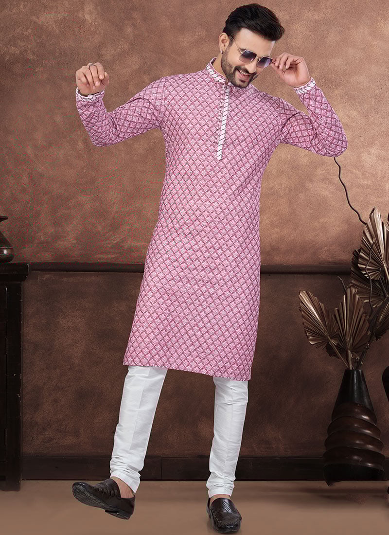 Pink Rayon Chikankari Kurta Pyjama Festive Wear