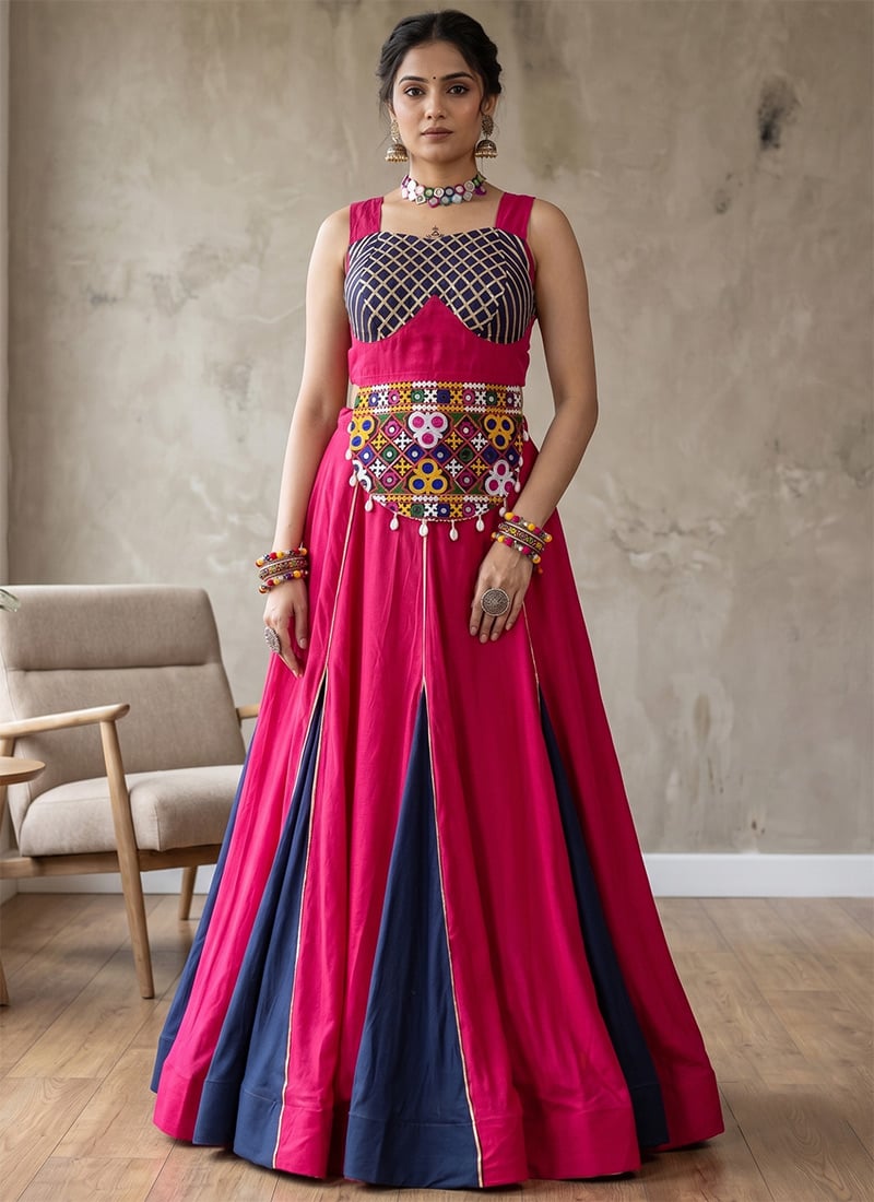 Pink Rayon Cotton Embroidered Mirror Work Indo Western For Garba Girl Festive Wear