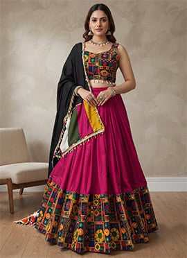 Pink Rayon Cotton Mirror Work Embroidered Chaniya Choli For Garba Queen