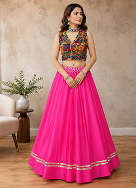 Pink Rayon Cotton Mirror Work Embroidered Indowestern Chaniya Choli For Navratri Nights