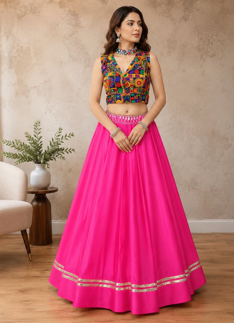 Pink Rayon Cotton Mirror Work Embroidered Indowestern Chaniya Choli For Navratri Nights Festive Wear