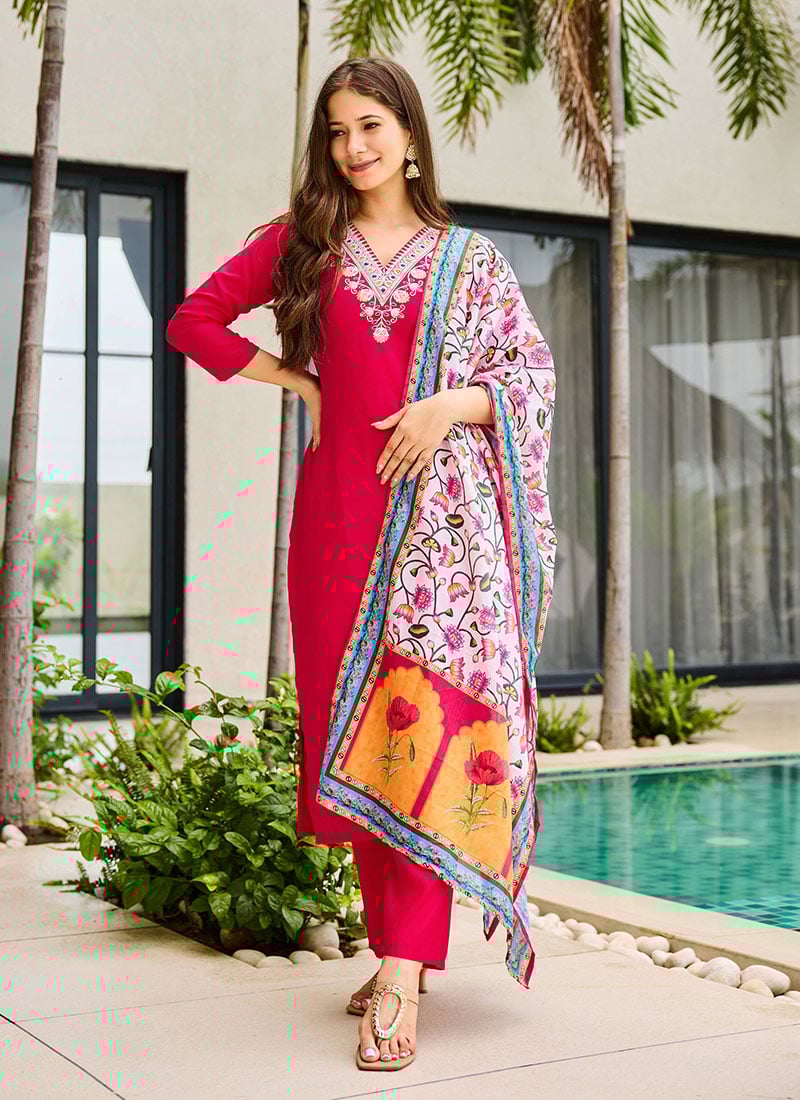 Pink Rayon Embroidered And Printed Straight Pant Suit After Six Wear