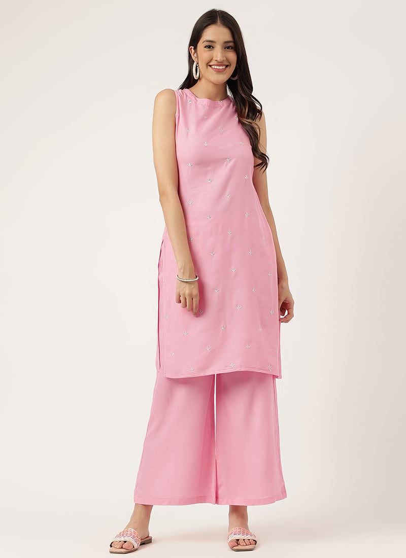 Pink Rayon Embroidered Butti Kurta Palazzo Set