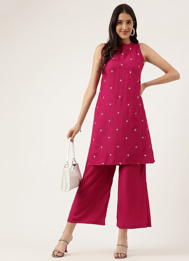 Pink Rayon Embroidered Butti Kurta Palazzo Set