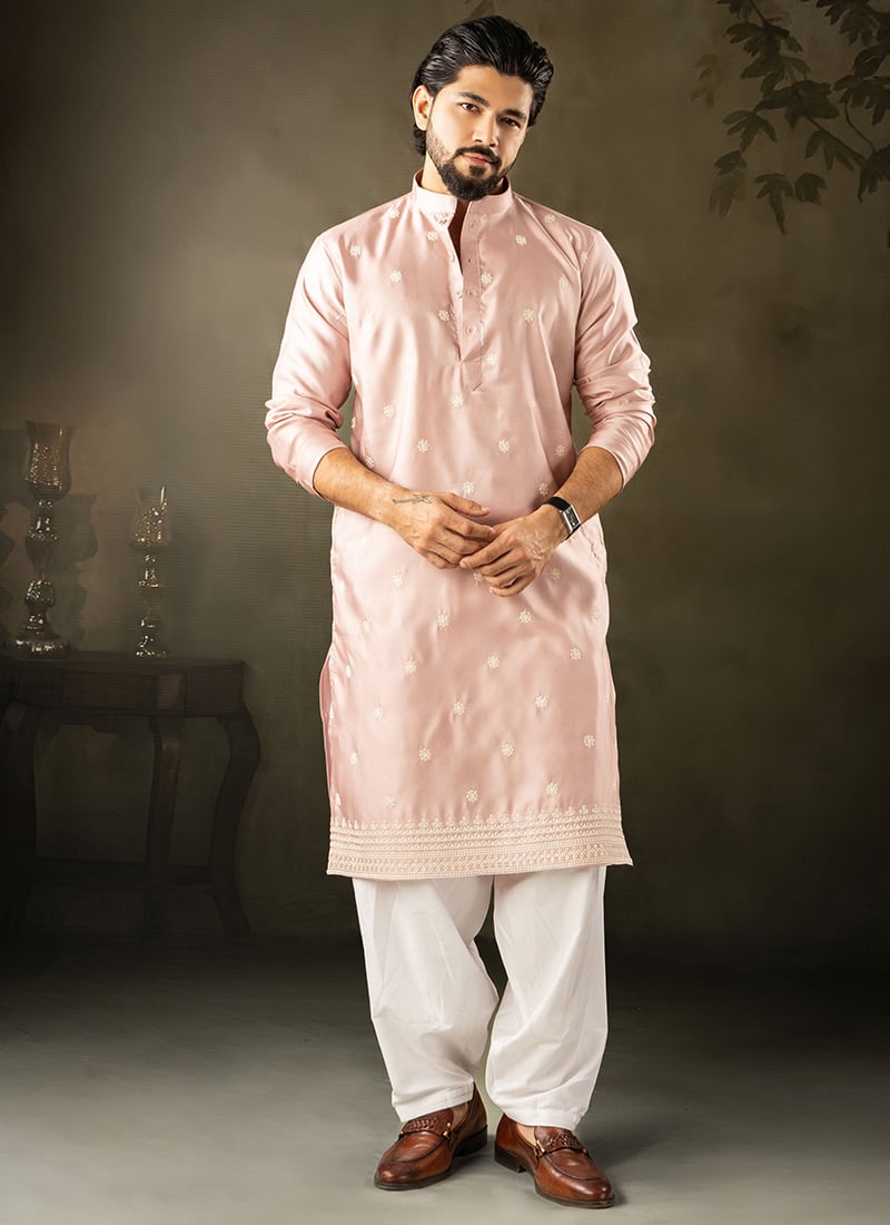 Pink Rayon Embroidered Kurta Pyjama For Men Festive Wear