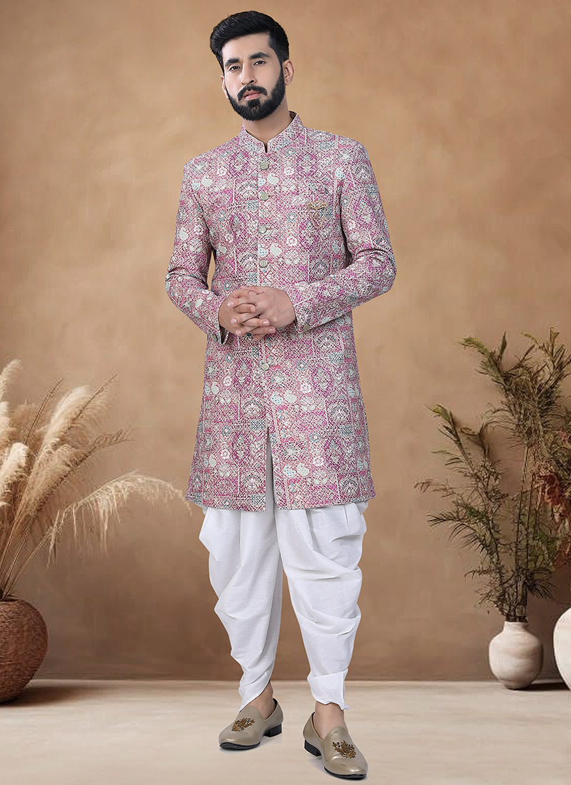 Pink Rayon Embroidered Sequins Indowestern Sherwani