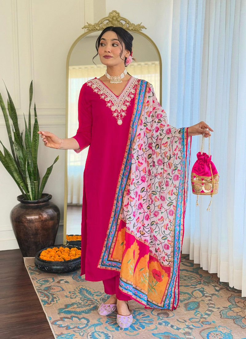 Pink Rayon Embroidered Straight Pant Suit With Digital Print Dupatta Festive Wear