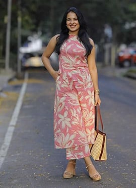 Pink Rayon Floral Digital Print Kurta Palazzo Set