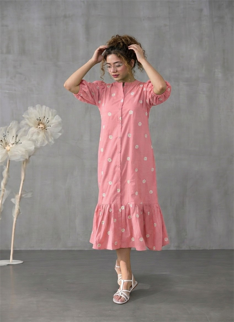 Pink Rayon Floral Embroidered Midi Dress After Six Wear