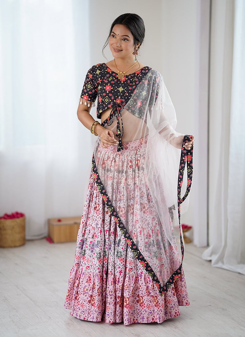Pink Rayon Floral Print A Line Lehenga Festive Wear